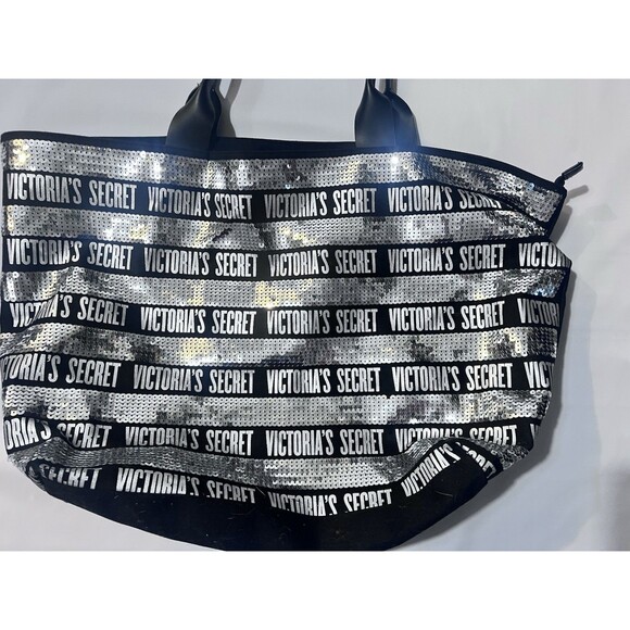 Victoria's Secret Handbags - Victoria's Secret Black Silver Sequin Logo Metallic Tote Bag